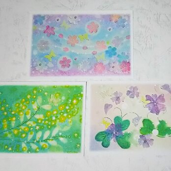春の花絵葉書　ポストカード3枚セット(パステルアートによる桜・ミモザ・スミレのイラスト)の画像