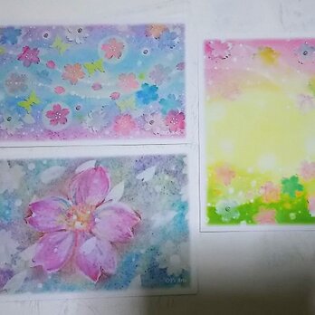 春の絵葉書　桜のイラストポストカード3枚セット(パステルアート)の画像