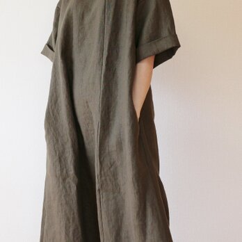 春夏　上質リネン100%のワンピース　カーキ　　受注生産