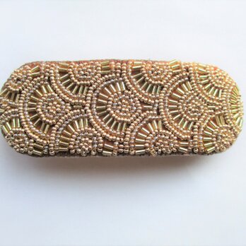 特小＆竹ビーズの丸模様刺繍バレッタ（ゴールド）の画像