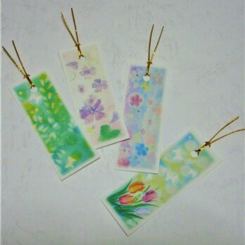 パステルアート春の花栞(しおり)4種類　ミモザ、すみれ、桜、チューリップのブックマークの画像