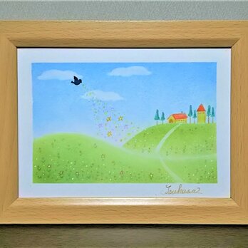 パステルアート　小鳥からのプレゼント　丘の上の休日　パステル画原画の画像