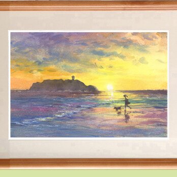 水彩画原画　夕暮れの江の島の画像
