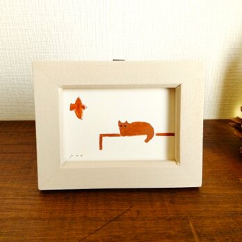 小さな絵　原画「鳥を待つ猫」※木製ミニ額縁入りの画像