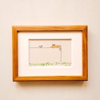 【猫の絵】原画「うららかな春の日に」 2L木製額縁入り・ペン画・水彩・茶トラ猫・イラスト