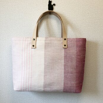 裂き織り　春～桜色ふた付ハンドバッグ（ヌメ革持ち手）の画像
