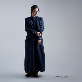 【wafu】中厚 斜めボタン ちびシャツ襟 ワンピース 伝統的スタイル カフス袖 タック袖/ネイビー a028h-neb2の画像