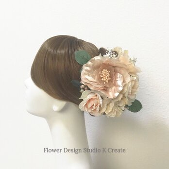 ウェディング・成人式に♡布花とピーチピンクの薔薇のヘッドドレス（13本セット）　薔薇　布花　結婚式　成人式の画像