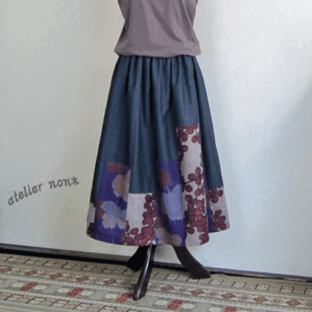 着物リメイク♪大島紬と銘仙をパッチした大人スカート（裏地付き）：丈７８ｃｍの画像