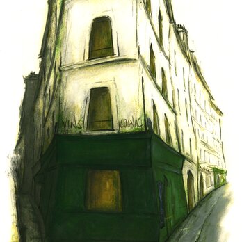 風景画 パリ 版画「街角の緑のBAR」の画像