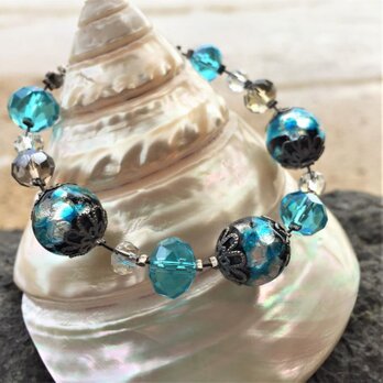 ブレスレット ほたる玉 とんぼ玉 ガラス ビーズ アクセサリー ワイヤー 琉球 沖縄 お土産 工芸品 スカイブルーの画像