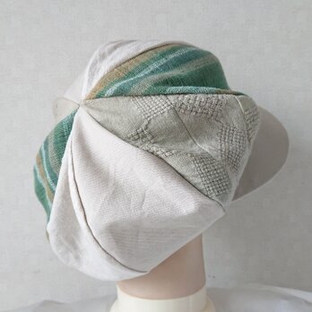 魅せる帽子☆ふんわり♪インド綿と綿麻のグラデーションキャスケット～ベージュ&グリーンの画像