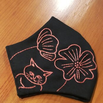 猫とお花の刺繍マスクケース（黒）の画像