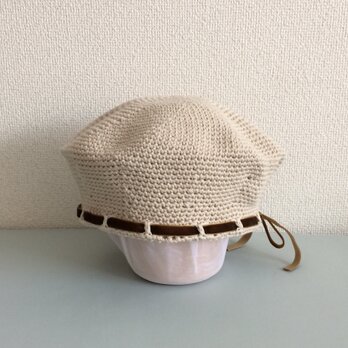 【受注制作】コットンリネンで編んだおとなしめベルベッのベレー帽 ベージュ系の画像