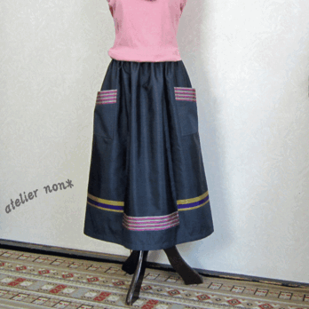 着物リメイク♪大島紬とピンクの縞ポケットが可愛いスカート（裏地付き）：丈７８ｃｍの画像