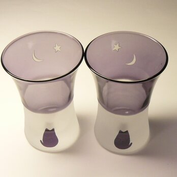 猫と三日月と金星の 一口グラス 　紫（ペアセット）の画像