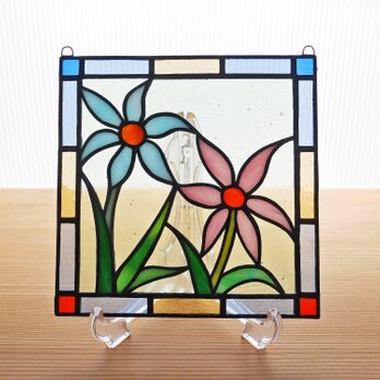 ステンドグラス ミニパネル 野花（ピンク&水色） 15cmの画像
