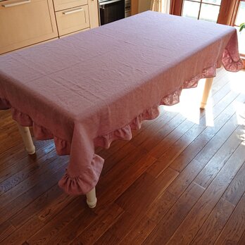 フリル付き♪アンティーク風ラミーリネンのテーブルクロス  200cm×130cm ピンクの画像