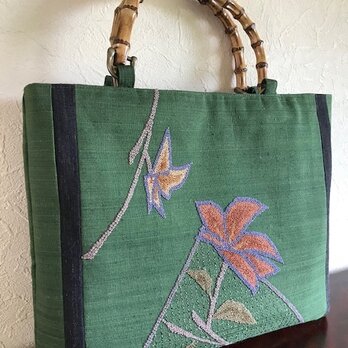 フレンチナット刺繍の帯地　竹の手手提げの画像