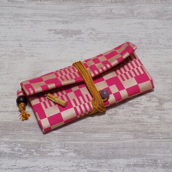 道中財布　ロールバッグ　オックス濃いピンク製　「市松　中色」の画像