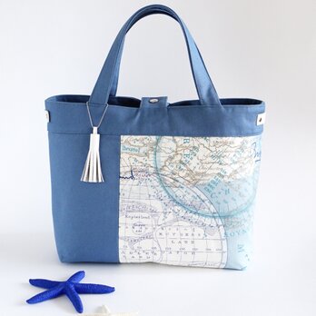パリ輸入生地！ブルー古地図柄のトートバッグ（白本革使用）の画像