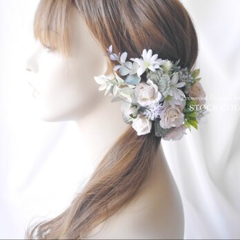 ピンクベージュローズのヘッドドレス/ヘアアクセサリー(グリーンホワイト)＊結婚式・成人式・ウェディングドレスにの画像