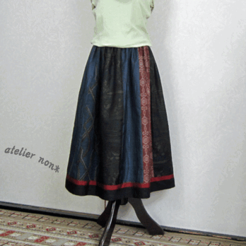 着物リメイク♪５種類の大島紬でゴージャススカート（裏地付き）：丈７６ｃｍの画像