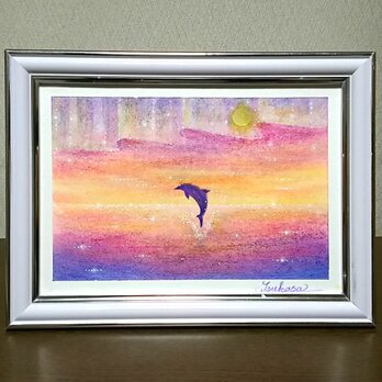 海とイルカのパステルアート　Under the Aurora　オーロラの下で　パステル画原画の画像