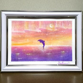 海とイルカのパステルアート　Under the Aurora　オーロラの下で　パステル画原画の画像