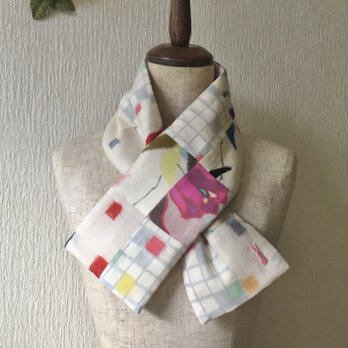 銘仙×コットン刺繍の小さな襟巻き2048C ストール ネックウォーマー プチマフラー リバーシブル 着物リメイク
