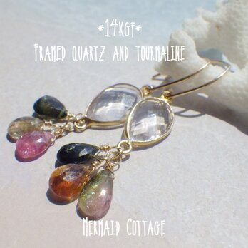 *14kgf* Framed quartz and tourmaline　フレームクウォーツとトルマリンのダングリングピアスの画像