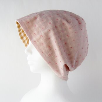 夏に涼しく下地にもなる　ゆったりガーゼ帽子　水玉ピンク　ライトブラウンチェック(CGR-009-PDBC)の画像