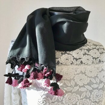 立体刺繍の花付き　コットンストール　ブラックの画像