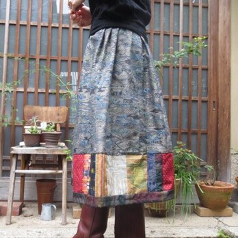 着物リメイクスカート☆渋紬で裾にパッチ大人ふんわり74㎝丈の画像