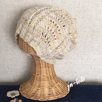 透かし編み模様のコットン帽（イエローミックス）の画像