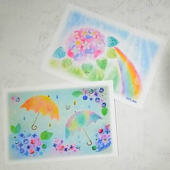 紫陽花と雨傘のポストカード2枚セット　パステルアート絵葉書の画像