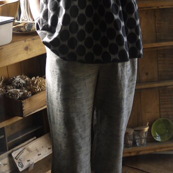 久留米絣水玉ギャザー切り替えのフレンチスリーブトップスの画像