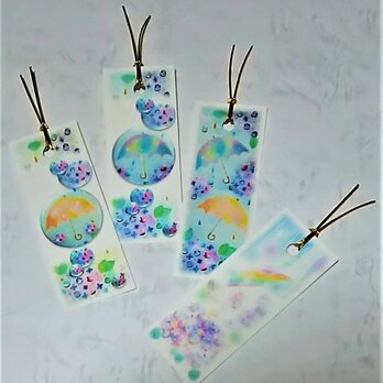 雨傘と紫陽花の栞(しおり)　パステルアートのブックマークの画像