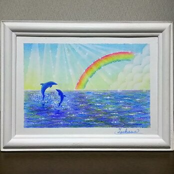 海とイルカのパステルアート　陽の光、虹の彩り　パステル画原画の画像