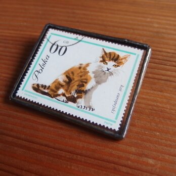 SALE ヴィンテージ切手のブローチ - ポーランド 猫 ヨーロピアン・ショートヘア茶の画像