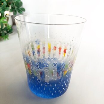 ボーダーとレースのロックグラスblue