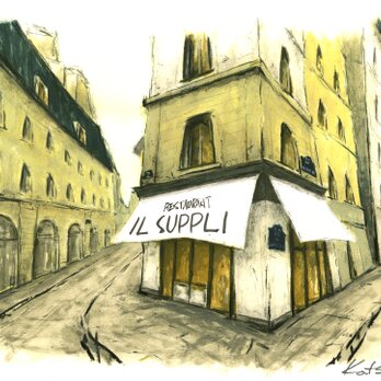 風景画 パリ 版画「パリ６区・キャトルヴァン通りのレストラン」の画像