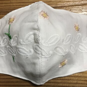アゴまで隠れる綿レース立体マスク　刺繍入り☆ハルジオン　フィルターポケットあり　1枚の画像