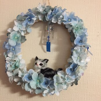 ミニ風鈴とアメショ猫ちゃん付き 紫陽花のリース L