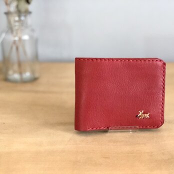 栃木レザー 手縫いの二つ折り財布 (赤)の画像