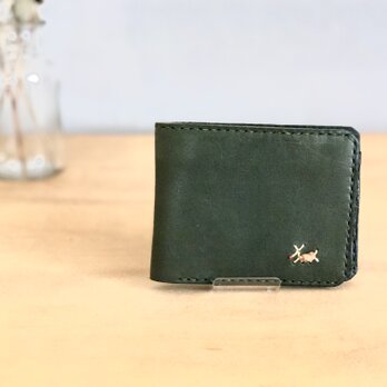 栃木レザー 手縫いの二つ折り財布 (緑)の画像
