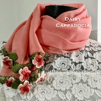 立体刺繍の花付き　コットンストール　サーモンピンク＆マーガレットの画像