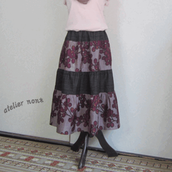 着物リメイク♪大島紬と銘仙のおしゃれな４段ティアードスカート（裏地付き）丈７７ｃｍの画像