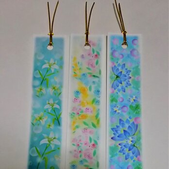 初夏の花の栞(しおり)　3種のパステルアートのブックマーク　百合/バラ/睡蓮の画像