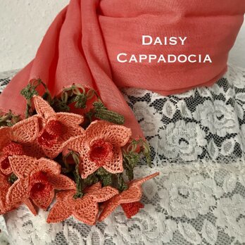 立体刺繍の花付き　コットンストール　サーモンピンクの画像